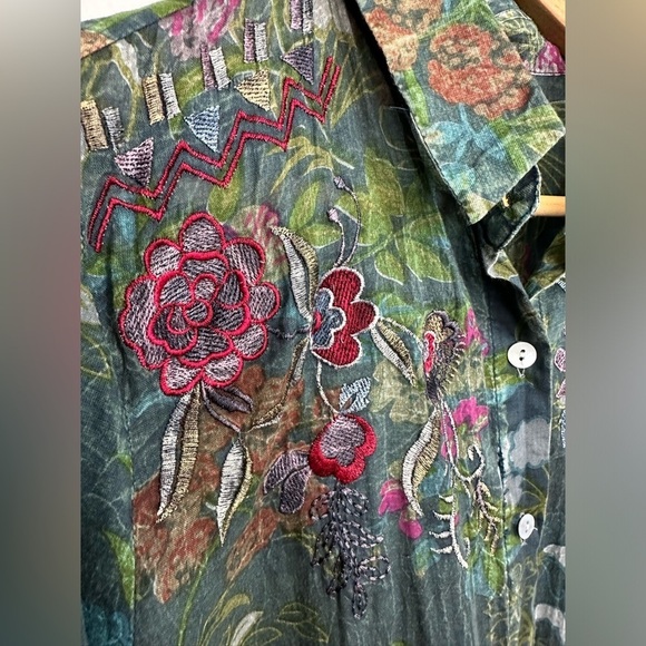 Vintage Goa Green Floral Embroidered Button Down Shirt-Dress Top Sz M - Picture 8 of 11